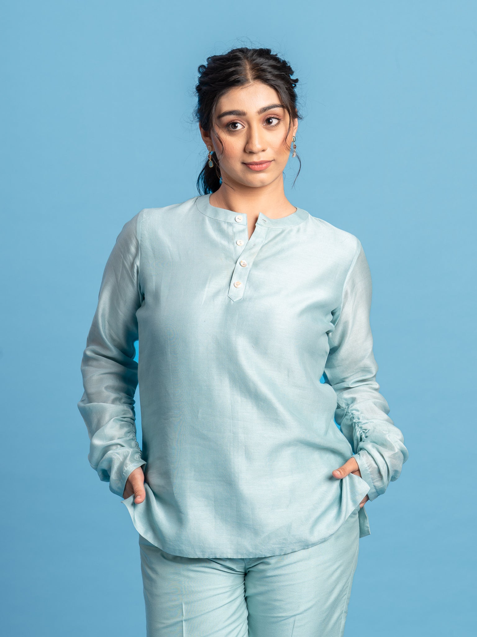 Chanderi Silk Tunic - Halo, Ice Blue