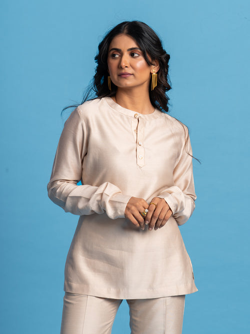 Chanderi Silk Tunic - Halo, Light Mocha